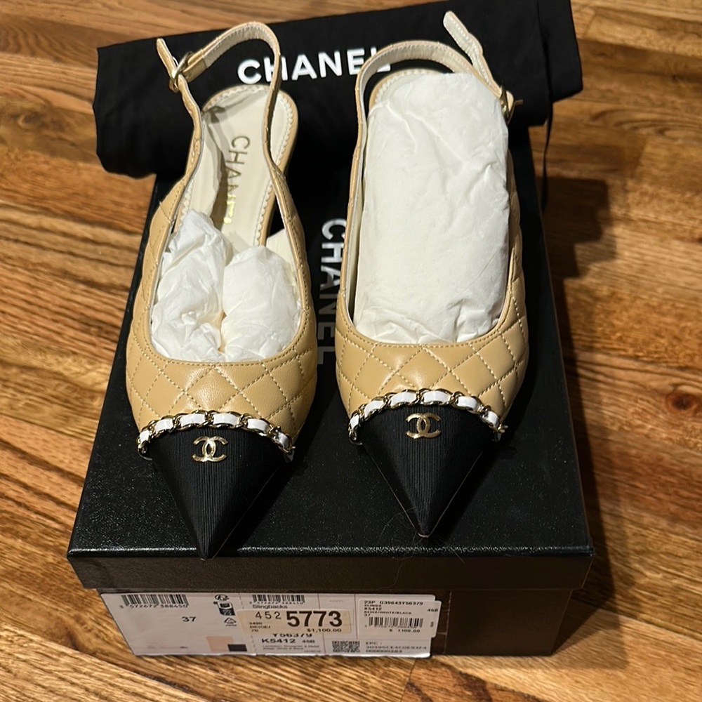 Authentic Chanel Slingbacks Quilted and Grosgrain Size 37 CC Logo - Picture 3 of 9